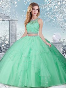 Apple Green Ball Gowns High-neck Sleeveless Tulle Floor Length Clasp Handle Beading Sweet 16 Quinceanera Dress