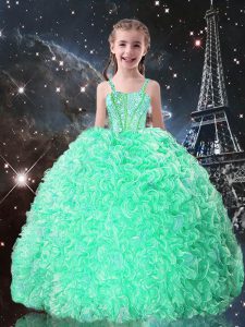 Apple Green Ball Gowns Organza Straps Sleeveless Beading and Ruffles Floor Length Lace Up Pageant Dress Womens