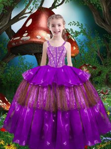 Ball Gowns Little Girl Pageant Gowns Eggplant Purple Straps Organza Sleeveless Floor Length Lace Up