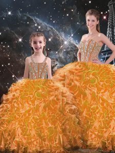 Orange Sleeveless Organza Lace Up Quince Ball Gowns for Military Ball and Sweet 16 and Quinceanera