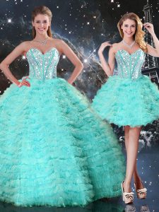 Turquoise Ball Gowns Sweetheart Sleeveless Organza Floor Length Lace Up Beading and Ruffled Layers Quinceanera Dress