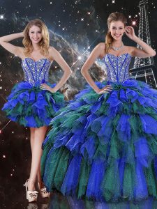 Charming Sleeveless Floor Length Beading and Ruffles and Ruffled Layers Lace Up 15th Birthday Dress with Multi-color