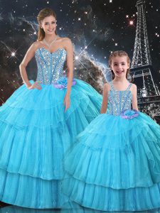 Elegant Aqua Blue Sleeveless Organza and Tulle Lace Up Sweet 16 Dresses for Military Ball and Sweet 16 and Quinceanera