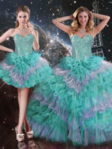 Dynamic Multi-color Lace Up Quinceanera Dresses Beading and Ruffled Layers Sleeveless Floor Length
