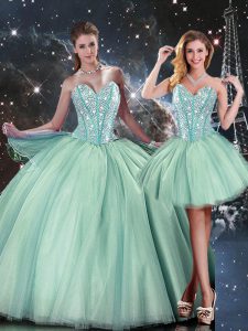 Turquoise Ball Gowns Sweetheart Sleeveless Tulle Floor Length Lace Up Beading Sweet 16 Quinceanera Dress