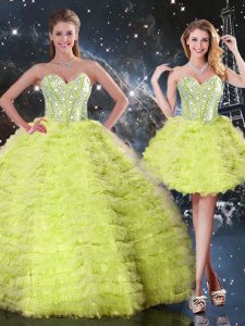 Super Three Pieces Vestidos de Quinceanera Yellow Green Sweetheart Tulle Sleeveless Floor Length Lace Up