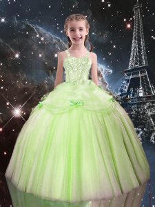 Yellow Green Lace Up High School Pageant Dress Beading Sleeveless Floor Length