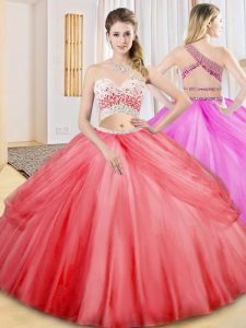 Coral Red Quinceanera Gowns Military Ball and Sweet 16 and Quinceanera with Beading and Ruching and Pick Ups One Shoulde
