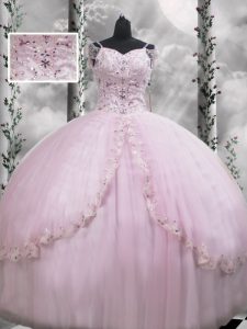 Flare Lilac Ball Gowns Beading and Appliques Quinceanera Gowns Side Zipper Tulle Cap Sleeves