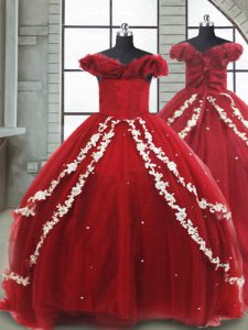 Sleeveless Tulle Brush Train Lace Up Pageant Gowns For Girls in Wine Red with Appliques