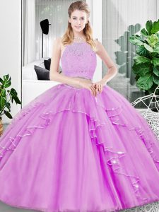 Lilac Tulle Zipper Scoop Sleeveless Floor Length 15 Quinceanera Dress Lace and Ruffled Layers