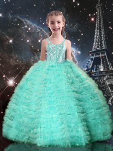 Admirable Turquoise Straps Neckline Beading and Ruffled Layers Custom Made Pageant Dress Sleeveless Lace Up