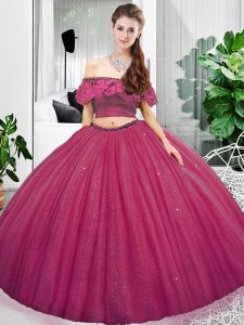 Fuchsia Lace Up Off The Shoulder Lace and Ruching Quinceanera Gowns Organza Sleeveless