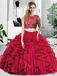 Dramatic Floor Length Wine Red Quince Ball Gowns Scoop Sleeveless Zipper