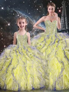 Floor Length Yellow Ball Gown Prom Dress Organza Sleeveless Beading and Ruffles