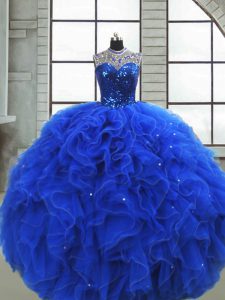 Artistic Scoop Sleeveless Sweet 16 Dresses Floor Length Ruffles and Sequins Royal Blue Organza