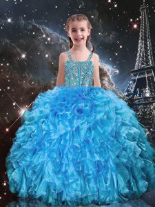 Cheap Floor Length Baby Blue Pageant Dress for Girls Organza Sleeveless Beading and Ruffles