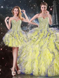 Fine Yellow Ball Gowns Beading and Ruffles Quince Ball Gowns Lace Up Organza Sleeveless Floor Length