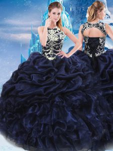 Affordable Navy Blue High-neck Neckline Appliques and Ruffles and Pick Ups Quince Ball Gowns Sleeveless Lace Up