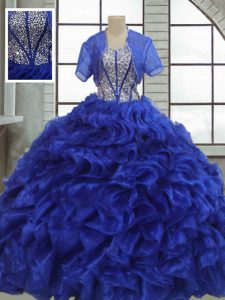 Modest Short Sleeves Organza Floor Length Lace Up Quinceanera Gowns in Royal Blue with Ruffles