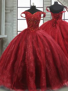 Sleeveless Brush Train Lace Up Beading Quince Ball Gowns