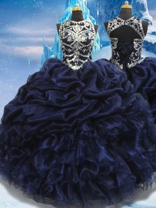Chic Navy Blue Lace Up High-neck Appliques and Ruffles and Pick Ups Quinceanera Gowns Taffeta Sleeveless