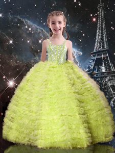 Yellow Green Ball Gowns Tulle Straps Sleeveless Beading and Ruffled Layers Floor Length Lace Up Kids Pageant Dress