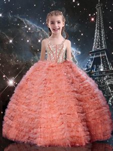 Exquisite Watermelon Red Sleeveless Tulle Lace Up Little Girl Pageant Gowns for Quinceanera and Wedding Party