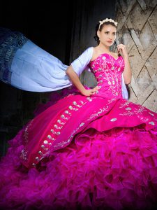 Amazing Sweetheart Sleeveless Organza 15 Quinceanera Dress Embroidery and Ruffles Brush Train Lace Up