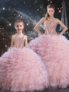 Admirable Ball Gowns 15 Quinceanera Dress Baby Pink Sweetheart Organza Sleeveless Floor Length Lace Up