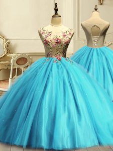Low Price Aqua Blue Sleeveless Floor Length Appliques and Sequins Lace Up Quinceanera Dresses