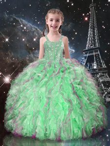 Floor Length Lace Up Kids Formal Wear Apple Green for Quinceanera and Wedding Party with Beading and Ruffles
