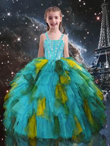 Floor Length Aqua Blue Pageant Gowns For Girls Tulle Short Sleeves Beading and Ruffles