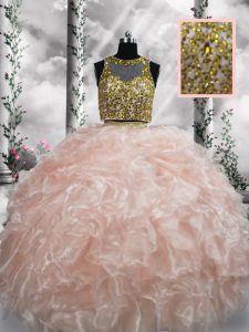 Classical Peach Sweet 16 Dress Military Ball and Sweet 16 and Quinceanera with Beading and Ruffles Scoop Sleeveless Zipp