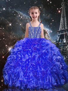 Royal Blue Sleeveless Floor Length Beading and Ruffles Lace Up Kids Formal Wear
