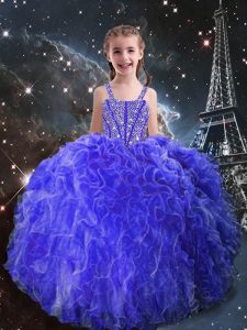 Eggplant Purple Pageant Gowns For Girls Quinceanera and Wedding Party with Beading and Ruffles Straps Sleeveless Lace Up
