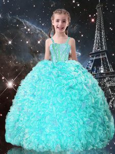 Fashionable Beading and Ruffles Pageant Gowns For Girls Turquoise Lace Up Sleeveless Floor Length