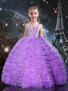 Most Popular Tulle Straps Sleeveless Lace Up Beading and Ruffles and Ruffled Layers Pageant Dress for Womens in Eggplant