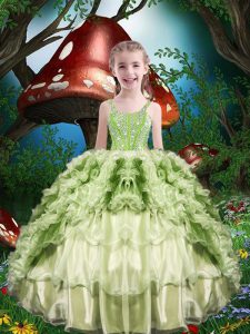 Gorgeous Yellow Green Straps Lace Up Beading and Ruffles and Ruffled Layers Glitz Pageant Dress Short Sleeves