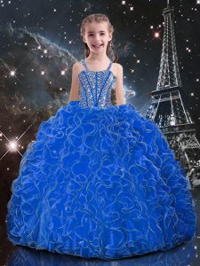 Blue Lace Up Pageant Gowns Beading and Ruffles Sleeveless Floor Length