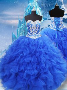 Pretty Blue Ball Gowns Organza Sweetheart Sleeveless Beading and Ruffles Floor Length Lace Up 15th Birthday Dress