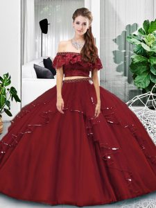 Burgundy Sweet 16 Quinceanera Dress Military Ball and Sweet 16 and Quinceanera with Lace and Ruffles Off The Shoulder Sl