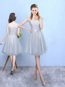 Delicate V-neck Cap Sleeves Tulle Bridesmaids Dress Lace Lace Up