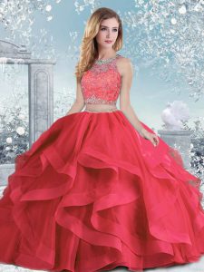 Discount Sleeveless Floor Length Beading and Ruffles Clasp Handle Sweet 16 Quinceanera Dress with Coral Red