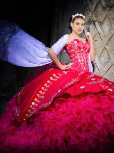 Hot Pink Ball Gowns Organza Sweetheart Sleeveless Embroidery and Ruffles Lace Up Sweet 16 Quinceanera Dress Brush Train