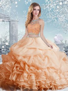 Extravagant Peach Scoop Clasp Handle Beading and Ruffles and Pick Ups Quinceanera Gowns Sleeveless