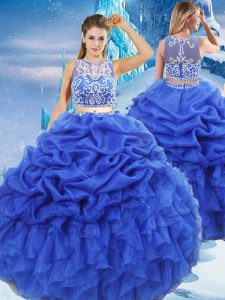 Stunning Royal Blue Organza Zipper Scoop Sleeveless Floor Length Quinceanera Dress Beading and Ruffles and Pick Ups