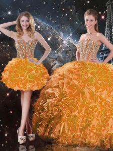 Orange Ball Gowns Beading and Ruffles Quinceanera Dresses Lace Up Organza Sleeveless Floor Length