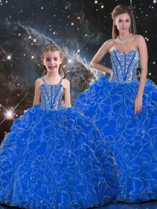 Blue Ball Gowns Sweetheart Sleeveless Organza Floor Length Lace Up Beading and Ruffles 15 Quinceanera Dress