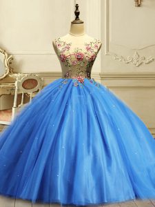 Luxurious Baby Blue Ball Gowns Appliques and Sequins Sweet 16 Dress Lace Up Tulle Sleeveless Floor Length